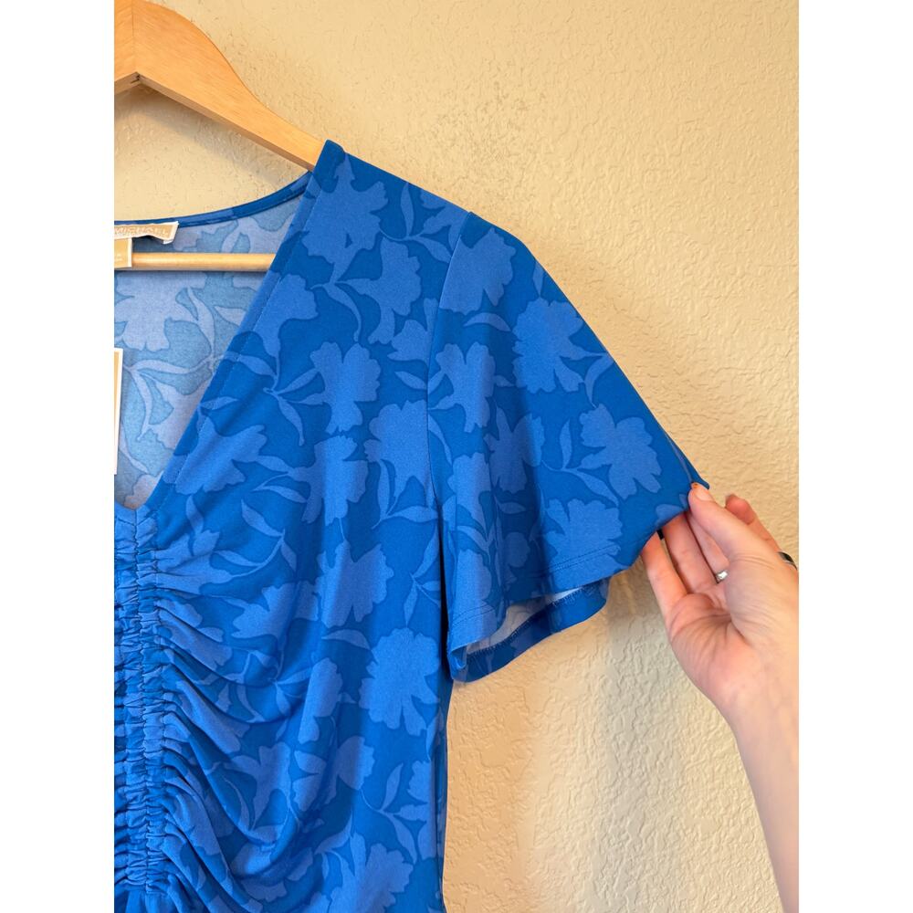 NEW Michael Kors Blue Floral Ruched Top Large Floral Flutter Sleeve V Neck Work - Picture 4 of 7